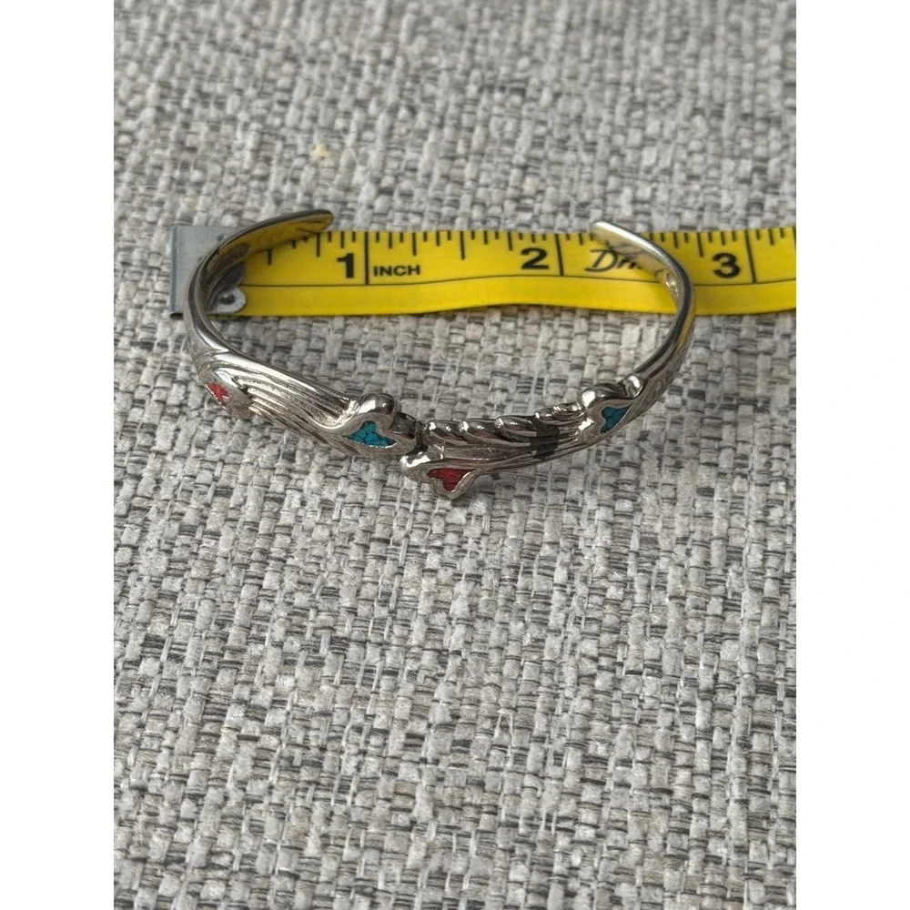 Vintage Southwestern Nickel Silver Cuff Bracelet Heart Turquoise Red Chip Inlay